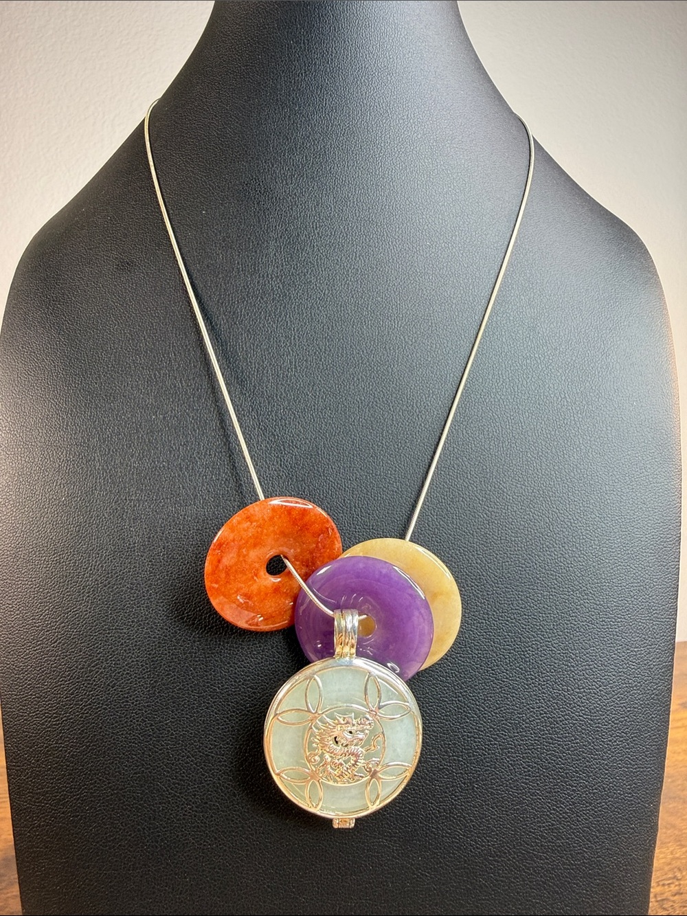 925 Silver Pendant Necklace - Purple, Orange, Cream & White Exchangeable Stones